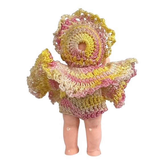 Vintage Miniature Celluloid Plastic DOLL 3" In Crochet Dress & Hat Pink Yellow - Picture 3 of 7